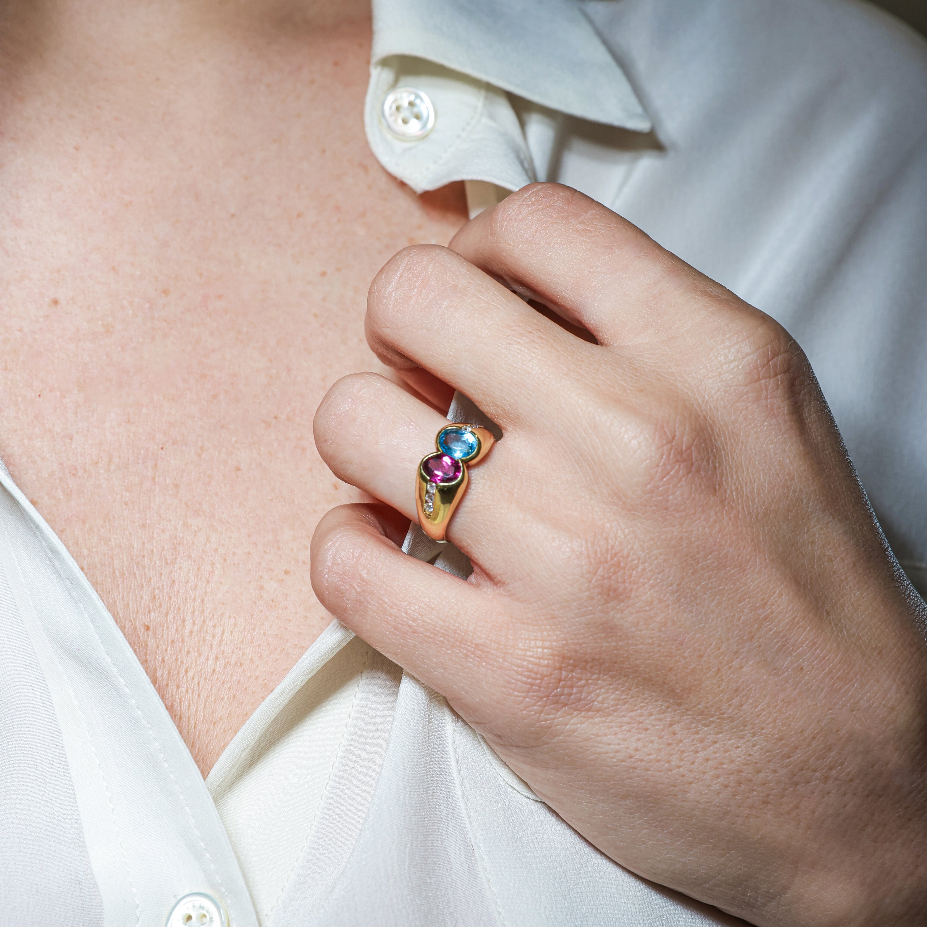 Yellow Gold Ring with Blue Topaz, Amethyst and Brilliant Diamonds
