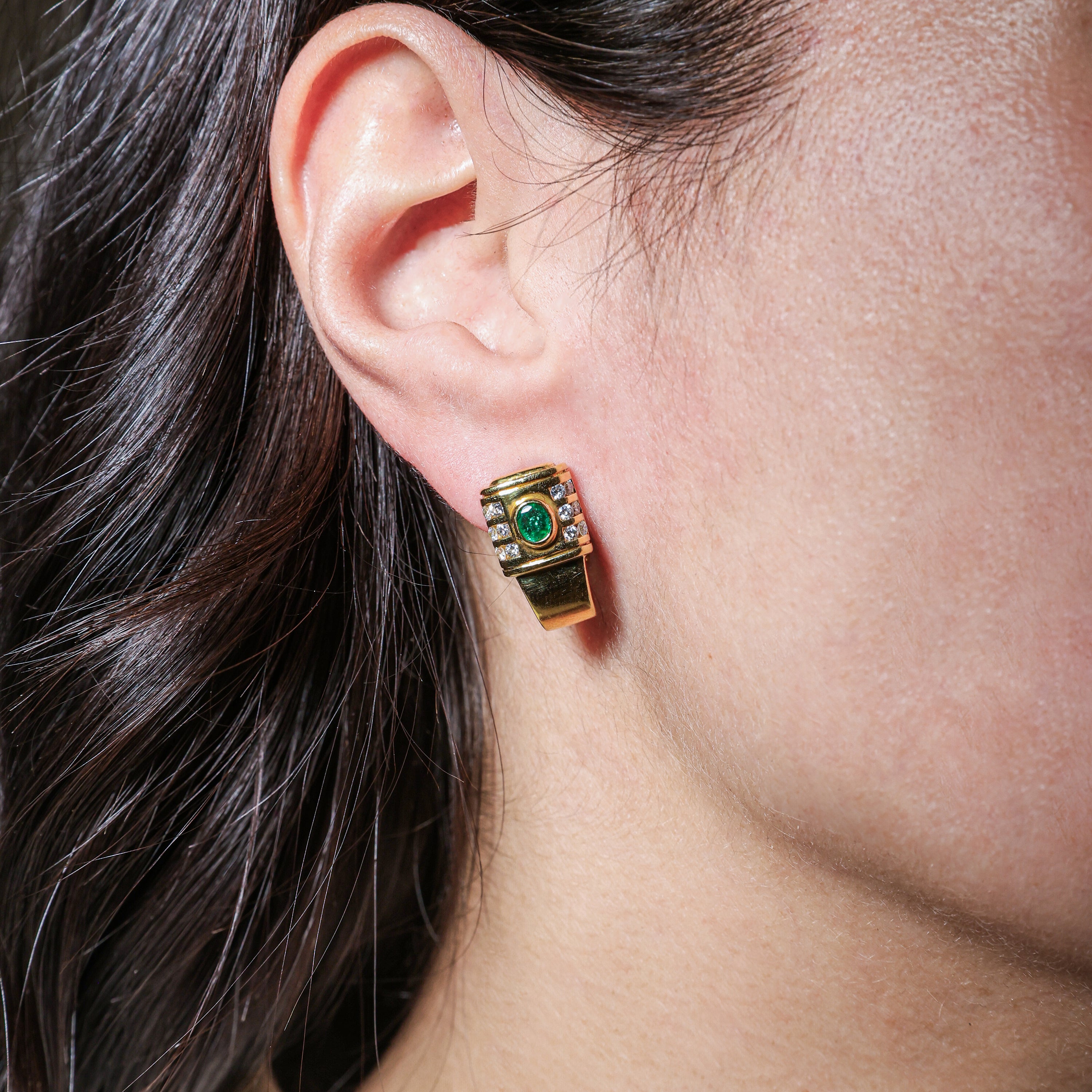 1980s Geometric Earings with Emeralds and Diamonds