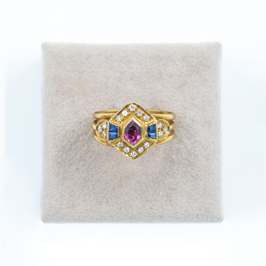Yellow Gold Ring with Pink Tourmaline, Sapphires and Brilliant Diamonds